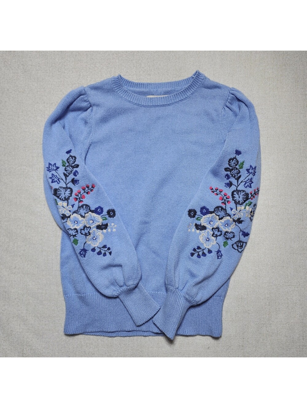 Cottagecore Preppy Powder Blue Knit Sweater Embroidered Floral Puff Sleeves